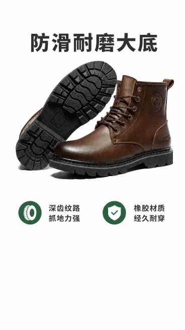 [第3屏] 鞋底特性展示屏-跃步棕色牛皮马丁靴防滑耐磨鞋底特写。本屏使用【图4】作为主体参考，保留原鞋底深纹路设计和整体结构。
[氛围/风格] 功能展示专业风，清晰特写突出工艺优势，商业摄影质感。
[预览效果