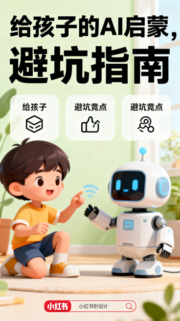 儿童AI启蒙科普小红书封面，卡通风格，色彩明亮活泼，标题文字"给孩子的AI启蒙，避坑指南"，画面有可爱的小孩和AI机器人互动，展示了三个避坑要点，整体风格亲切适合家长阅读，现代简约设计预览效果
