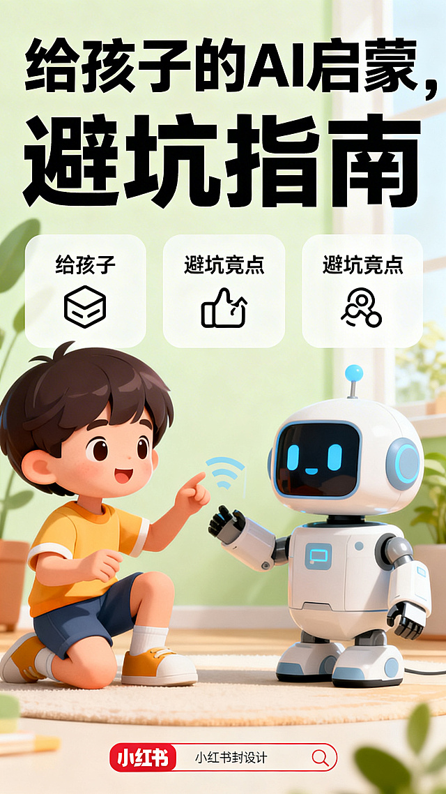 儿童AI启蒙科普小红书封面，卡通风格，色彩明亮活泼，标题文字"给孩子的AI启蒙，避坑指南"，画面有可爱的小孩和AI机器人互动，展示了三个避坑要点，整体风格亲切适合家长阅读，现代简约设计