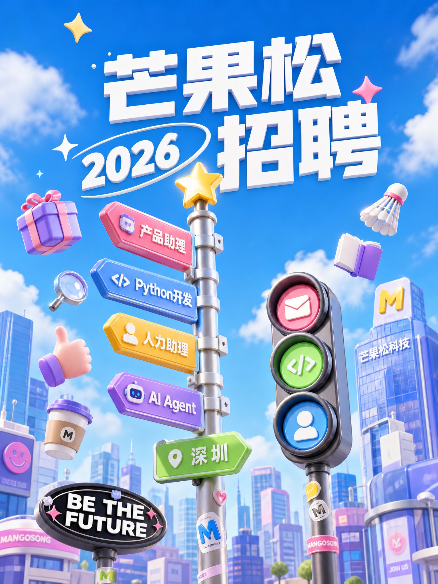 参考图1和图2的3D卡通插画风格，设计一张芒果松科技招聘主视觉… - 图片创意预览