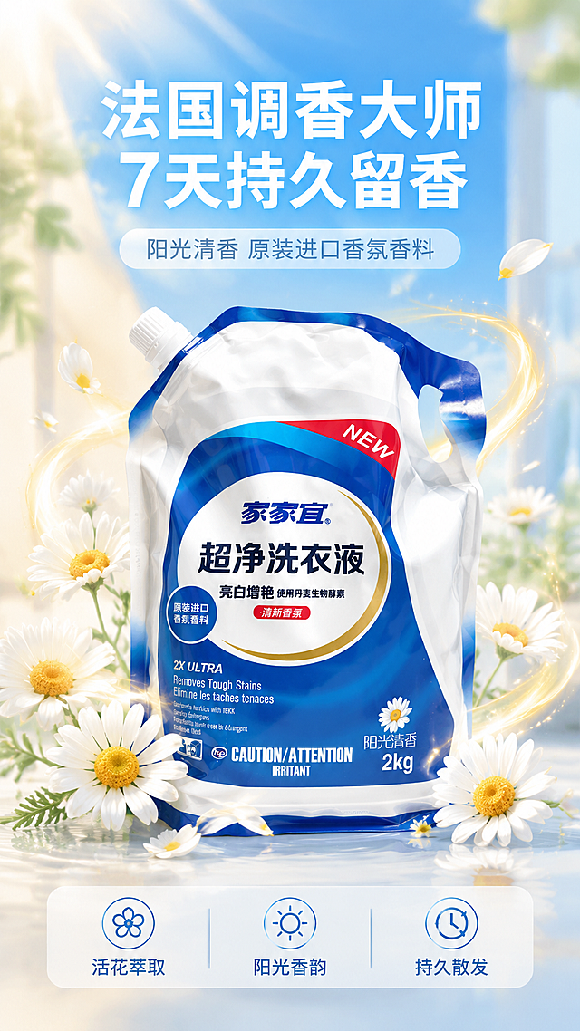 [主图-3] 家家宜超净洗衣液正面香氛品质图，主题：法国调香大师 7天持久留香。
[统一基调] 抖音9:16竖版电商主图，整体洁净清爽家居清洁风格，主色蓝白渐变，标题字白色加粗，辅助字浅灰，强调色亮蓝，字体为现代无衬线粗体，字号层级分明，卡片用圆角半透明白底，图标简洁线性。
[画面] 家家宜超净洗衣液正面袋体位于画面中央偏下，占画面约50%。产品周围环绕着清新的白色洋甘菊花瓣和淡金色香气流线，从袋身向上升腾飘散，营造阳光清香的嗅觉通感。背景为柔和的浅米色到浅蓝渐变，有阳光光束从上方洒下。
[光影质感] 商业摄影质感，侧逆光勾勒产品轮廓，香气流线有柔和发光效果，花瓣细节清晰，整体温暖明亮又洁净。
[配色] 背景浅米+浅蓝渐变，香气流线淡金色，花瓣白色带淡黄，整体温暖清新。
[文字版式] 上方大标题"法国调香大师 7天持久留香"白色粗体，下方副标题"阳光清香 原装进口香氛香料"，底部三个小图标横排："活花萃取""阳光香韵""持久散发"，文字布局在产品上方和底部负空间。
[输出要求] 9:16竖版，文字清晰可读，产品清晰不变形，无水印无平台Logo，无多余杂物，画面干净高级。