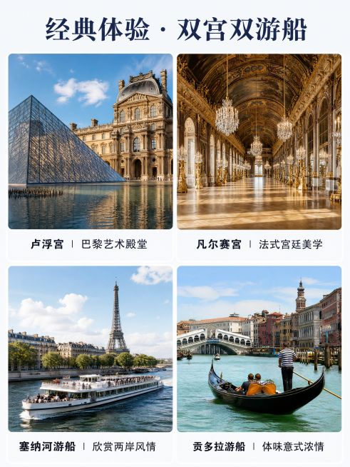 [第6屏] 特色体验介绍页，介绍双宫双游船核心体验。
[氛围/风格] 拼贴版式，沉浸式体验感受，高清摄影质感。
[元素布局] 页面上半部分左右分块，左侧展示巴黎卢浮宫外观，右侧展示凡尔赛宫镜厅，两张图预览效果