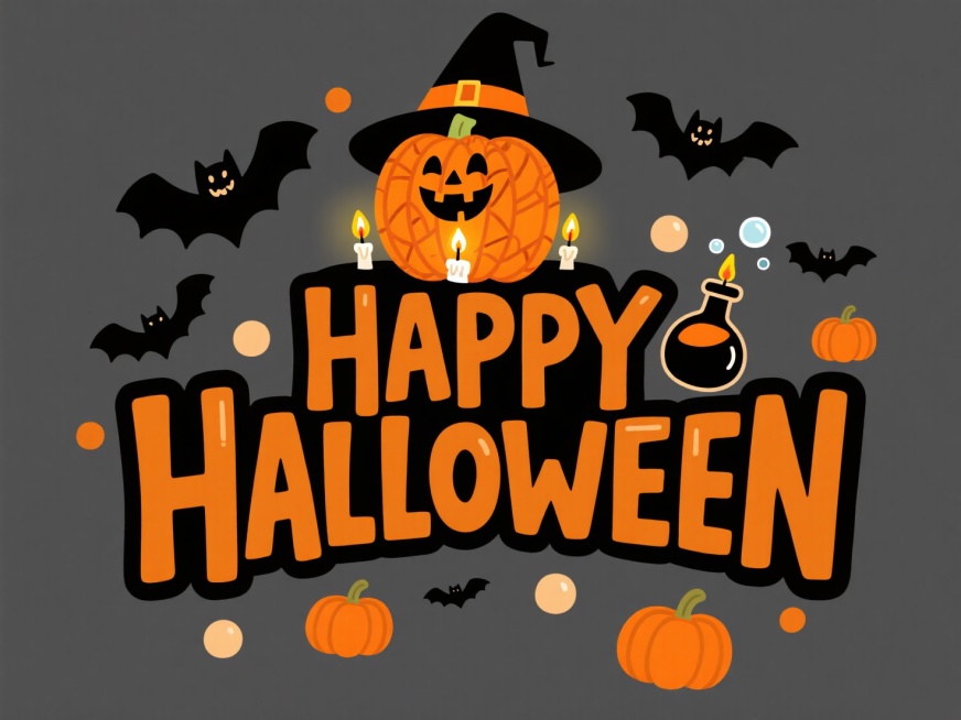 “HAPPY HALLOWEEN” 字体设计，上方有戴巫师帽的南瓜灯形象，字体周围搭配小南瓜、蝙蝠、魔法瓶等元素，色彩以橙黑为主，背景为深灰色，复古卡通风格预览效果