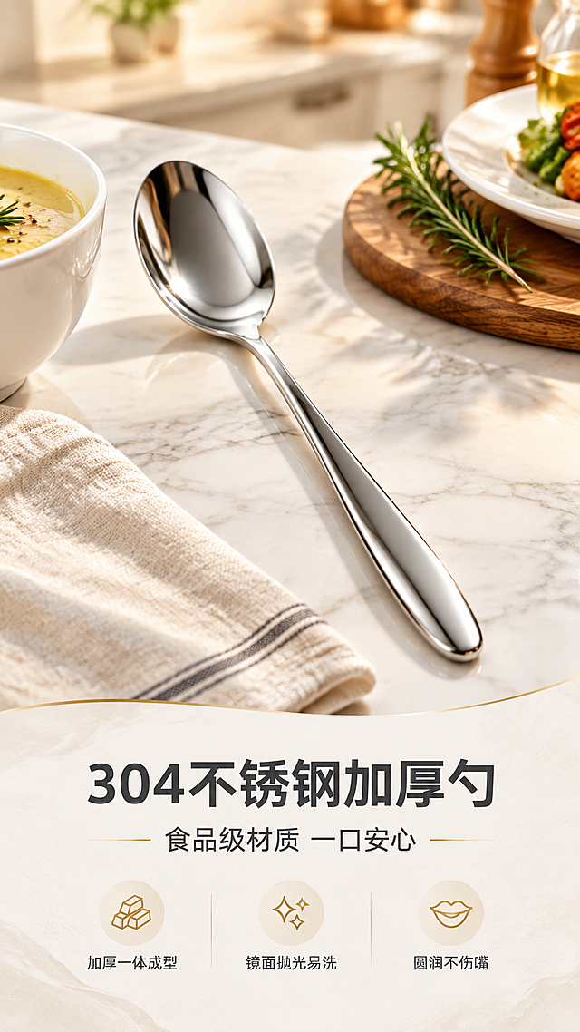 [商品] 使用【图1】银色不锈钢长柄西餐勺；保留勺头椭圆形状、长柄流线型设计、镜面抛光银色金属材质、一体成型结构；修复表面轻微指纹与反光，增强金属光泽与质感，不改变产品结构和比例。
[画面] 目标：头图海报，突出食品级304不锈钢加厚勺的高端品质。构图：上下结构，上方产品主体占画面60%，勺子斜向摆放于浅色大理石餐台，周围点缀白色陶瓷碗、木质餐垫、绿色迷迭香和暖光餐具；下方留白放文案区。景别：中景，产品全貌清晰可见。阅读动线：从上到下，先看产品再看文案。前中后景：前景餐布纹理，中景勺子+餐具道具，后景虚化厨房暖光环境。
[视觉] 套系策略：风格=现代简约餐厨风高级商业摄影；标题字=思源黑体粗体；正文字=思源黑体常规；主色=银灰+米白；背景延展=基于米白/浅灰做深浅层级、同色渐变和大理石/木纹材质延展；强调色=暖金色，仅用于小面积图标、引线和标签；标题色=深炭灰；正文色=中暖灰；组件=圆角浅底信息卡、细线引线、金色点缀图标；光影=左前侧暖柔光，金属表面呈现清晰高光带。
[文字] 下方居中放主标题"304不锈钢加厚勺"，副标题"食品级材质 一口安心"，下方3个短卖点图标+文字：「加厚一体成型」「镜面抛光易洗」「圆润不伤嘴」；文字不遮挡勺头和勺柄主体。
[规格] 图片比例9:16竖版，4K，避免变形、错字、文字过小、冷蓝/蓝灰背景、勺子颜色改变、结构失真、绝对化用语。