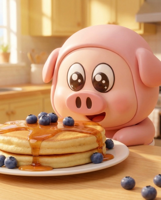 暖黄色温馨厨房场景，和参考图风格一致的可爱粉色小猪，眼睛圆溜溜亮晶晶，满脸激动开心的表情，趴在浅色木质餐桌上，凑近看着一块表面金黄蓬松、淋着香甜糖浆、点缀着小蓝莓的完美松饼，是小猪和松饼的特写镜头，整预览效果