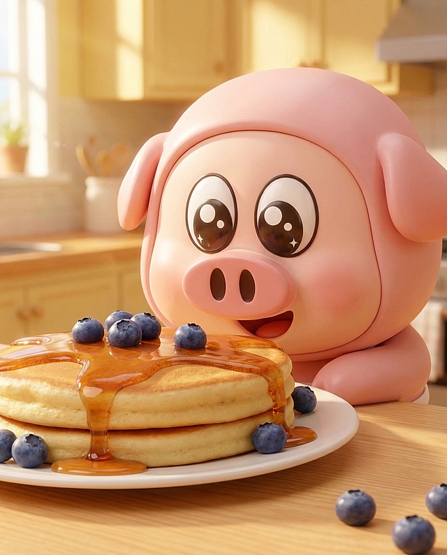 暖黄色温馨厨房场景，和参考图风格一致的可爱粉色小猪，眼睛圆溜溜亮晶晶，满脸激动开心的表情，趴在浅色木质餐桌上，凑近看着一块表面金黄蓬松、淋着香甜糖浆、点缀着小蓝莓的完美松饼，是小猪和松饼的特写镜头，整体是治愈3D卡通风格，光线柔和明亮