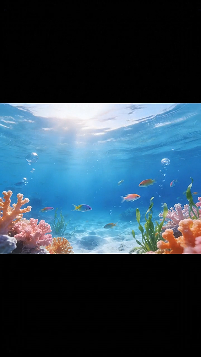 镜头保持不动，让画面里的彩色小鱼自然游动，海水和海草保持轻柔浮动，首尾帧画面保持一致