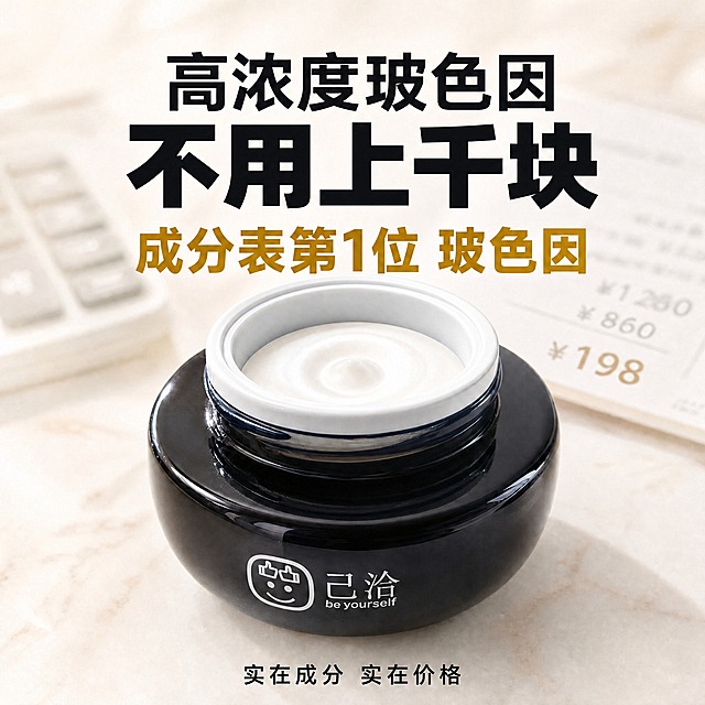 基于这张主图进行修改：1. 完全去掉左上角的「己洽」文字和笑脸皇冠Logo，该区域恢复为干净的奶白色大理石桌面背景，与周围背景自然融合，不留痕迹；2. 将「成分表第1位 玻色因」这行文字改为粗体字，字号明显加大，颜色改为更鲜艳醒目的深香槟金色，对比度更强，让人一眼就能看见；3. 其余画面元素（主标题、产品、底部文字、背景计算器和账单意象、整体构图比例）保持不变；4. 产品外观、颜色、瓶身Logo和文字必须与原图完全一致。