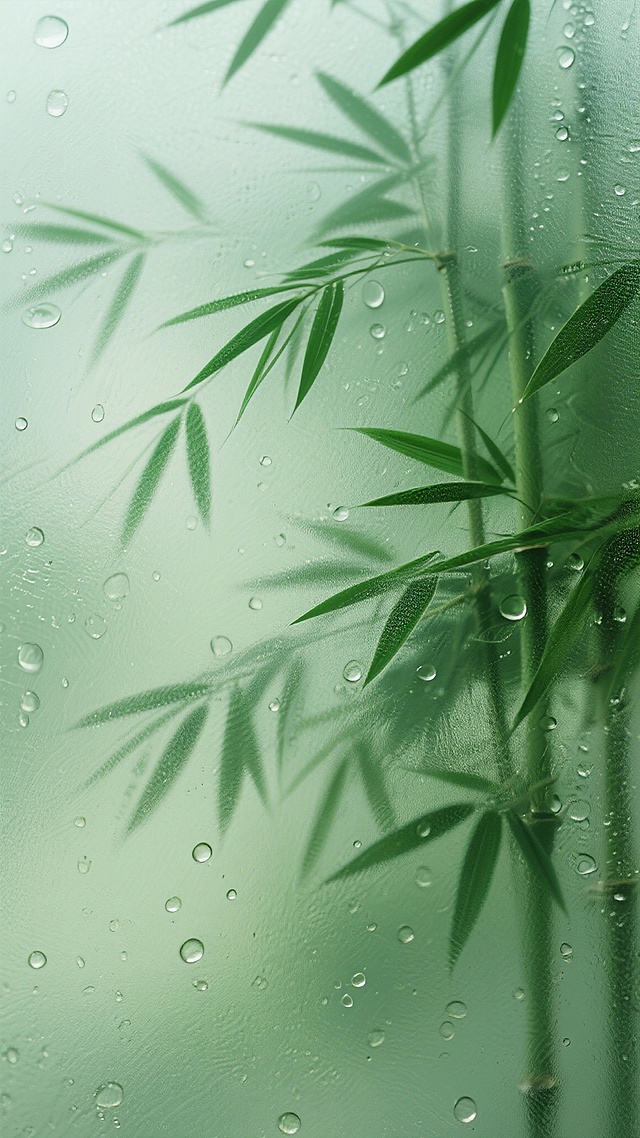 一张带有水滴的磨砂玻璃背景图，玻璃上有一些绿色的竹叶影子，光影柔和，整体呈现出一种清新、自然的氛围，色调以绿色为主，画面简洁，适合作为背景素材使用。