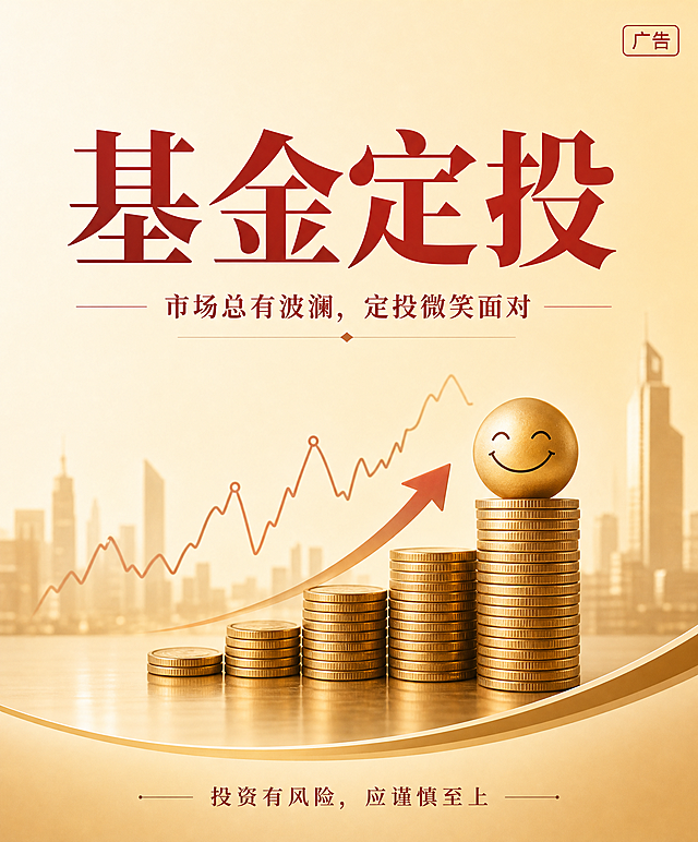 金融理财海报，主标题"基金定投"，副标题"市场总有波澜，定投微笑面对"，图片底部添加文字"投资有风险，应谨慎至上"，右侧添加"广告"标识，整体为黄棕色系背景，字体使用偏红色，简约大气的金融理财风格设计