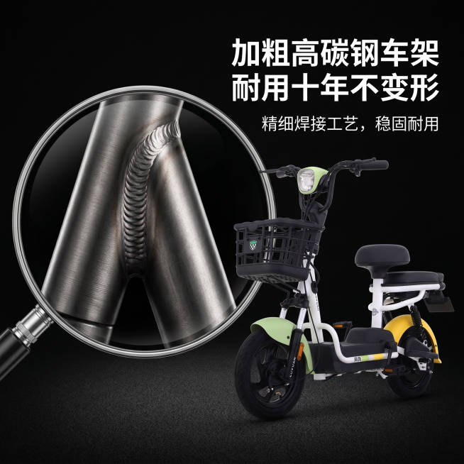 [主图-3] 电动自行车车架材质细节图
[氛围风格] 黑色有质感背景，突出品质细节
[画质] 商业摄影质感，微距细节清晰，画面干净高级
[元素] 主体为电动自行车，在画面右侧放置产品整体，左侧叠加圆形预览效果