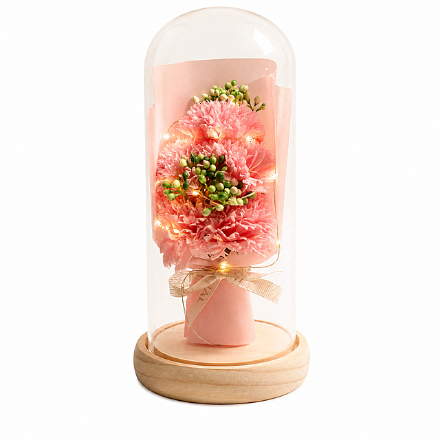 Amazon compliant white background product main image. Pink carnation artificial flower bouquet in clear glass dome with wooden base, LED fairy string lights wrapped around the flowers. Product centered, occupying 85%+ of the frame. Pure white #FFFFFF background, no shadow, no text, no logo, no props, no scene elements. Front view slightly angled at 45 degrees, product complete and fully visible. Keep the product appearance (physical structure, material texture, color, glass dome shape, wooden base, pink carnation flowers, green berry accents, beige ribbon bow) exactly consistent with the input product image, no deformation or color difference. Commercial product photography quality, clean and crisp, soft even studio lighting, glass has subtle reflections, flowers look realistic and delicate. 1:1 square ratio, ultra high definition. Negative: deformed, blurry product, cluttered background, watermark, text, shadows on ground, extra objects