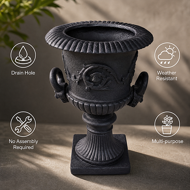 [主图-2] Close-up detail display of black lightweight concrete planter, focus on the carving texture and material details. This planter is embossed Roman style with symmetrical side ears, exquisite relief patterns, natural matte concrete texture. Keep the product appearance (physical structure, material texture, color) absolutely consistent with the input product picture, eliminate any deformation and color difference, fine processing. Warm and comfortable home life atmosphere, natural soft light, highlight the high-end stone texture. The local subject accounts for 80% of the picture, full screen without border. Side soft light, highlight the texture of the carving, light and shadow contrast to highlight the three-dimensional sense. Main color deep black, auxiliary color gray light and shadow. 1:1 square composition, close-up perspective. With 4 key function selling points text labels, arranged around the product in English: Drain Hole, Weather Resistant, No Assembly Required, Multi-purpose. The text uses white simple sans-serif font, clear and readable, placed in the negative space does not block the product. All text in English, comply with Amazon cross-border platform specification. 4K resolution, product detail clear, picture clean advanced. Negative prompt: deformation, watermark, text disorder, product picture blurred, background messy.