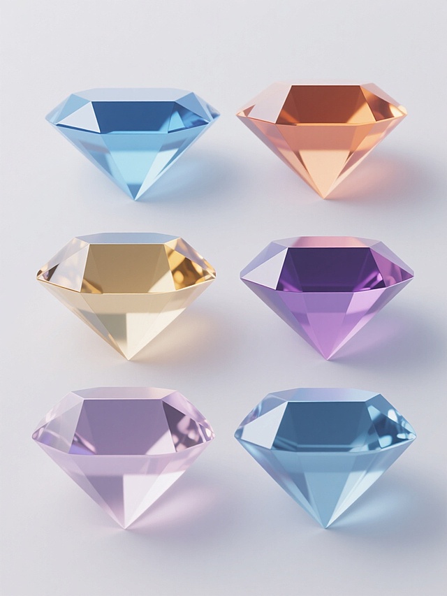 六个规整排布的宝石素材，保持简约现代风格，每个宝石具有不同颜色和形状，采用3D立体设计，表面有平滑的渐变过渡和清晰的切割面，呈现出明亮的高光和柔和的阴影效果，整体置于纯色背景上，无任何文字、logo和水印。