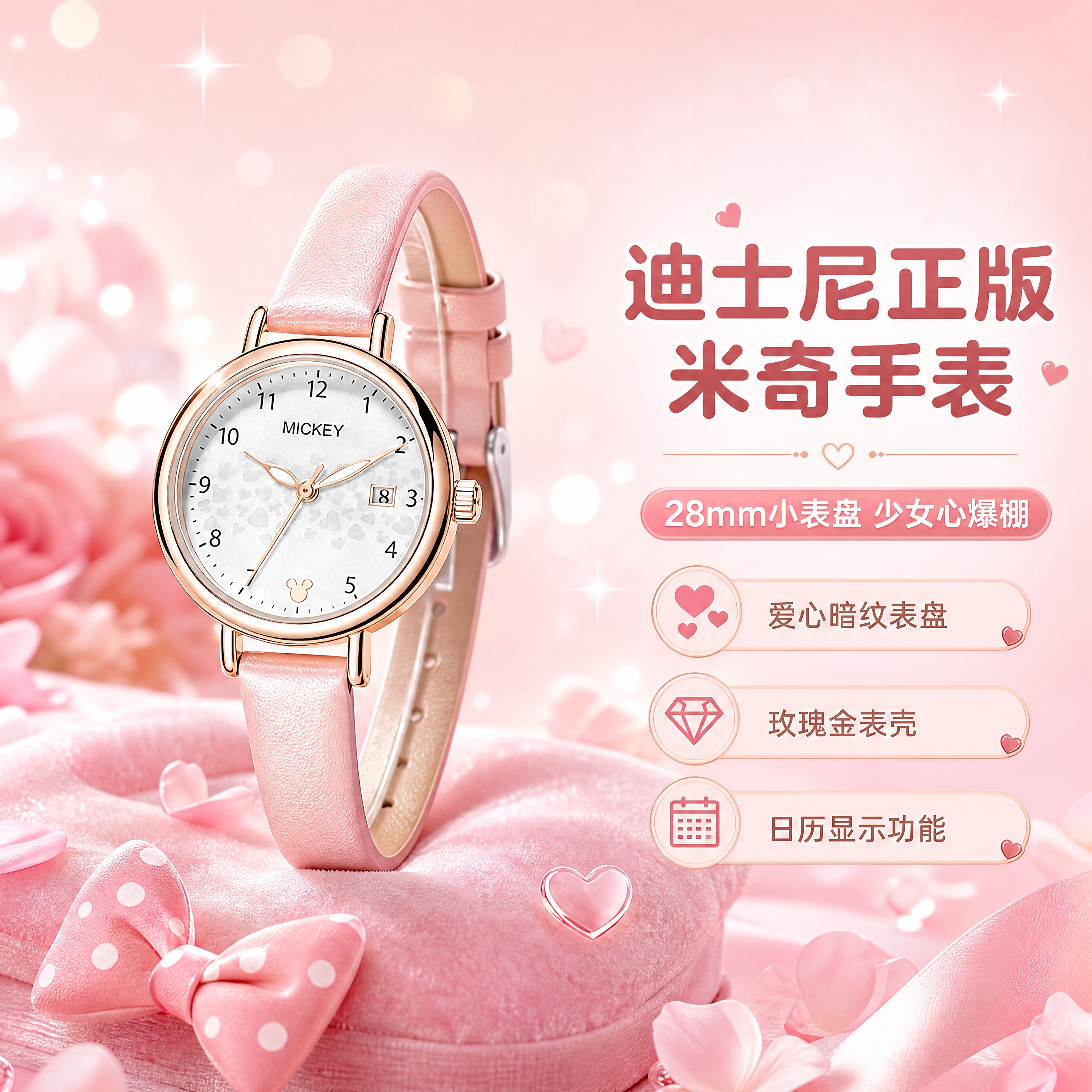 [商品] 使用【图1】迪士尼米奇联名粉色皮带腕表；保留28mm… - 图片创意预览