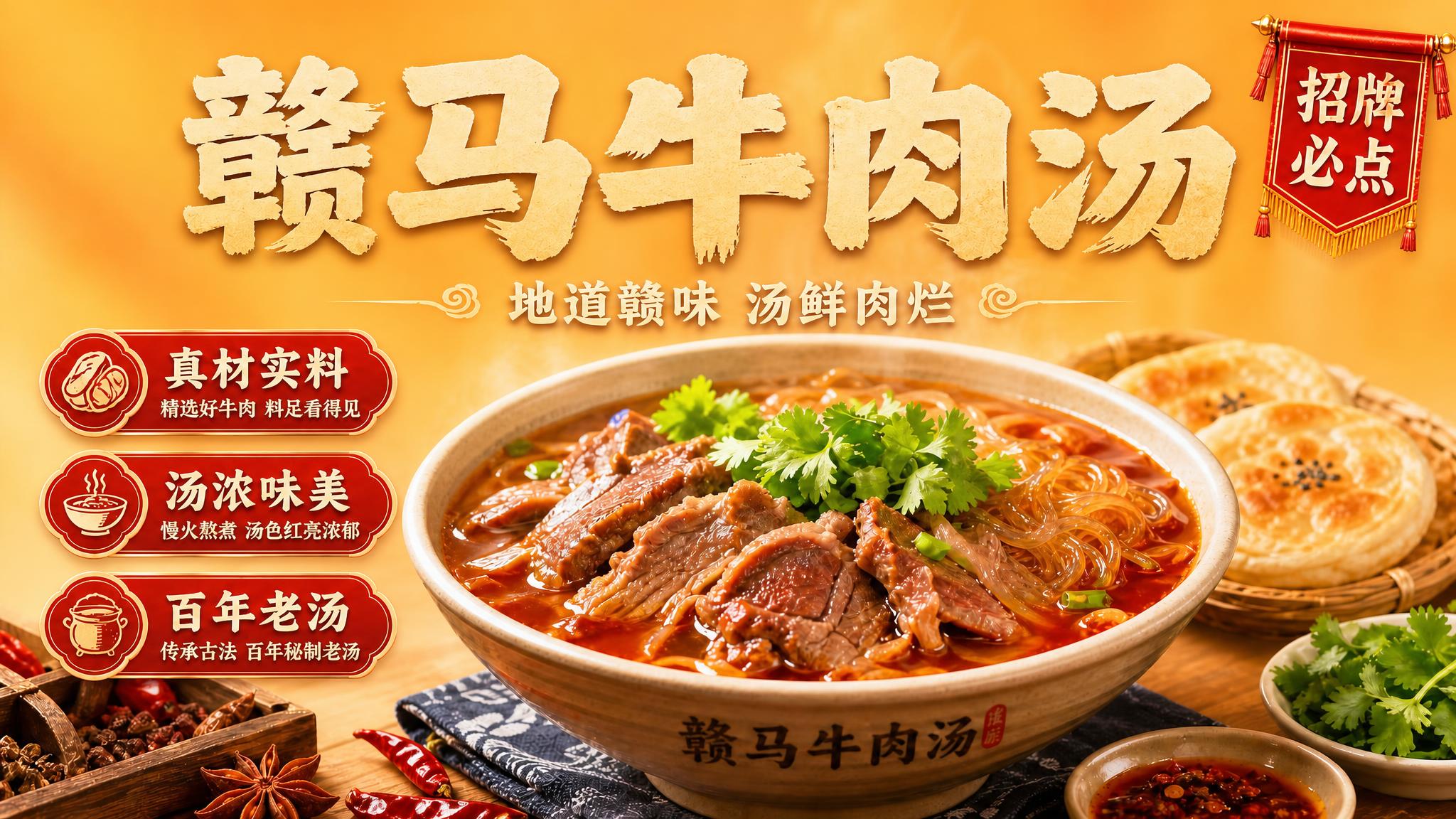 将这张牛肉汤海报的背景整体调亮，背景色改为明亮温暖的浅橙黄色调… - 图片创意预览