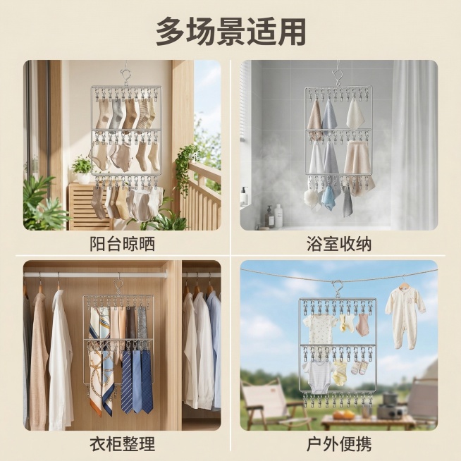 主图主题：不锈钢袜子夹多场景使用宫格图；氛围/风格：简约日系风，清新生活化；画面元素：2x2宫格布局，四个场景分别为：1.阳台晾晒袜子 2.浴室晾晒毛巾 3.衣柜悬挂丝巾 4.户外晾晒小件衣物，每个场预览效果