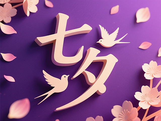 梦幻浪漫的七夕插画，剪纸风大字设计，粉色花瓣与飞鸟点缀，甜美氛围浓郁。