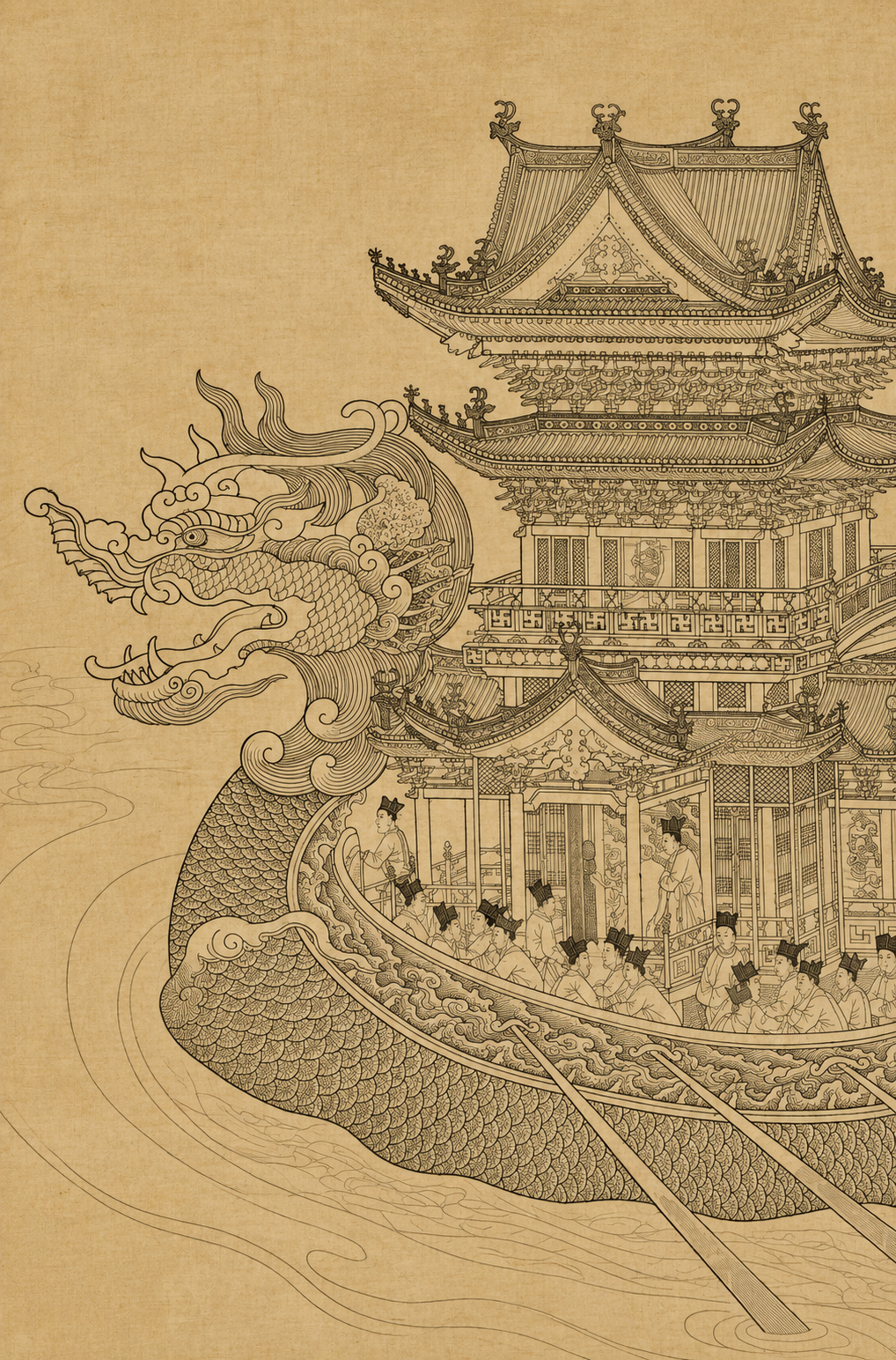 参考图中中国古画白描风格的龙船，保留完整的龙头、龙舟船体、船上… - 图片创意预览
