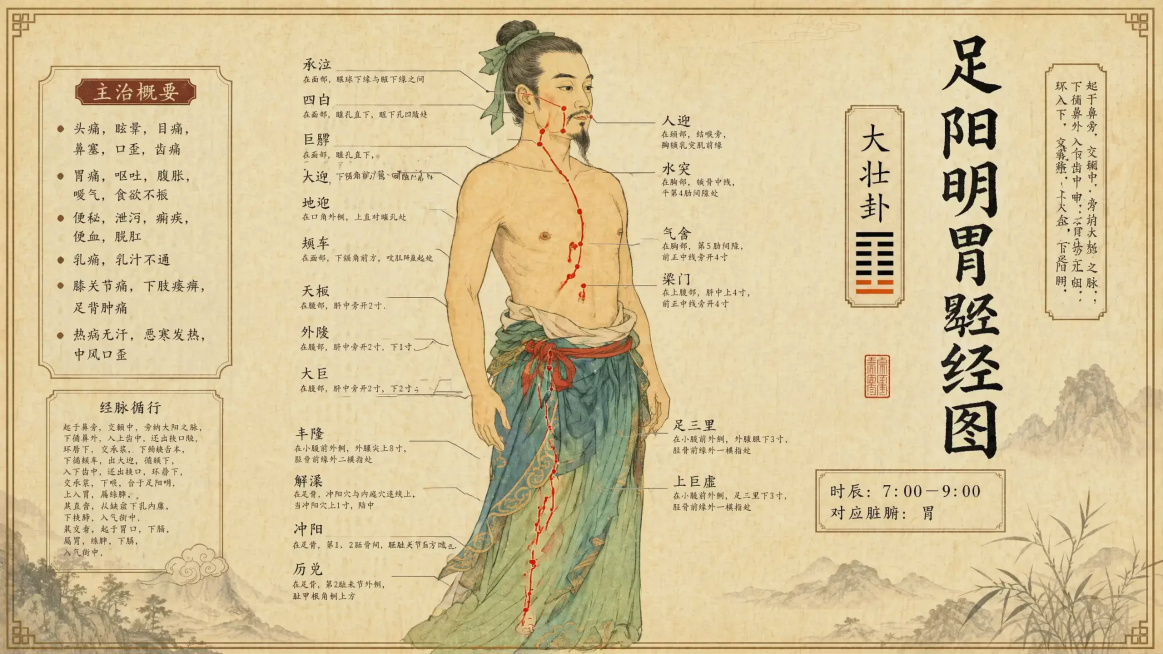 古法中医经络图，中国古风工笔画风格，足阳明胃经图，包含穴位标注、主治概要、经络循行、时辰对应脏腑信息，版式和参考图一致，复古米黄色宣纸背景，搭配中式山水装饰，文字排版整齐清晰预览效果