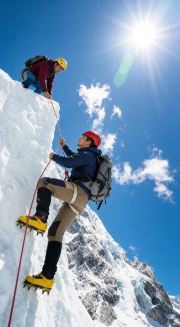 生成双人攀登雪山极限运动写真，仅保留参考图双人人物脸型、发型、年龄等特征，模仿参考图绳队攀登的构图和动态，户外极限摄影风格，高清真实质感，坚毅勇敢氛围，晴朗白天强烈日光，镜头眩光，高对比度亮蓝色调，清预览效果