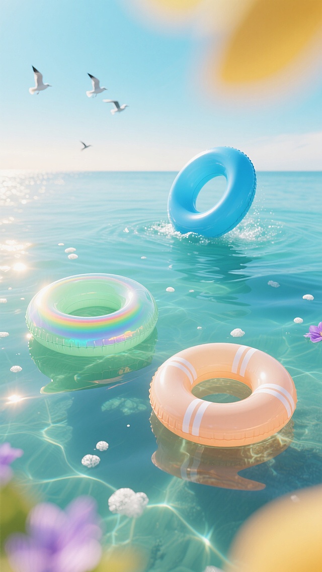 俯视视角，清澈见底的海水表面漂浮着三个半透明充气游泳圈，上方偏右的天蓝色游泳圈正随波浪轻轻旋转，左下方的浅绿色游泳圈边缘泛着阳光折射的彩虹光晕，右下方的浅橙色游泳圈半浸在水中形成完美的倒影，每个游泳圈上的白色条状装饰在正午阳光下投下纤细的阴影，背景是渐变的薄荷蓝天空与海面交汇处，几只海鸥剪影掠过，水面漂浮着零星的白色泡沫和淡紫色花瓣，整个画面笼罩在一层柔和的金色光晕中，边缘采用梦幻的柔光虚化处理，色彩明快而通透，散发着慵懒惬意的夏日海滨气息。