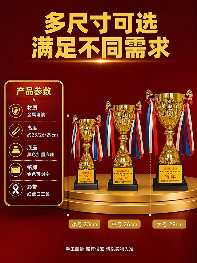 [商品] 使用【图1】金属奖杯定制款；保留金色杯身、双耳造型、红蓝白三色彩带、黑色底座金色铭牌结构与颜色；生成三款不同大小的同款奖杯 小号/中号/大号 外观一致仅尺寸不同 比例真实准确。
[画面] 页面目标：尺寸规格页 辅助购买决策 展示三款尺寸对比；构图为左文右图 左侧参数信息 右侧尺寸对比展示；右侧三款奖杯从左到右依次增大排列在金色展台上 小号在左 中号在中 大号在右 每款下方标注高度尺寸；左侧为参数信息卡 列出材质 尺寸 适用场景等信息；背景为深红色渐变。
[视觉] 套系策略：风格=拼多多红金喜庆商业摄影风；标题字=粗黑体 加粗 大字醒目；正文字=常规黑体 清晰可读；主色=深红色；背景延展=基于深红色做深浅渐变；强调色=亮金色 仅用于标题、图标、引线、标签和光效；标题色=金黄色；正文色=白色；组件=金色描边参数卡片、尺寸标注线、底部标签；光影=左前上方主光 三个奖杯光影方向一致 金属高光自然 底座有接触阴影。
[文字] 顶部主标题 多尺寸可选 满足不同需求 金黄色粗黑体 居中；左侧参数卡：标题 产品参数 金黄色文字；下方分条列出 材质 金属电镀 白色文字；高度 约23/26/29cm 白色文字；底座 黑色加重底座 白色文字；铭牌 金色可刻字 白色文字；彩带 红蓝白三色 白色文字；右侧每款奖杯下方有金色底白色字标签 小号23cm 中号26cm 大号29cm；底部有一行小字 手工测量 略有误差 请以实物为准 白色小字 居中；所有文字横排。
[规格] 图片比例3:4竖版，2K，避免变形、错字、文字过小、冷蓝背景、产品颜色改变、结构失真、悬浮、穿模、水印、平台Logo。