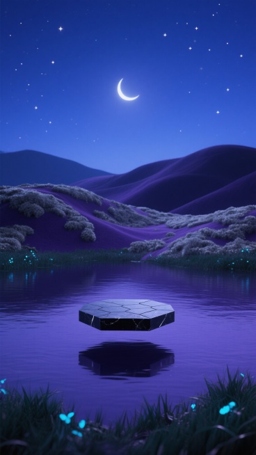 极简主义3D渲染风格，以深邃的靛蓝色夜空为背景，点缀着稀疏明亮的星星和一弯月牙，柔和的月光洒在起伏的深紫色丘陵上，丘陵上覆盖着泛着微光的银灰色苔藓，前景是一片平静的深紫色水域，水面上漂浮着一个悬浮的六边形黑曜石平台，平台表面有细腻的几何纹理，水域边缘生长着带有荧光蓝点缀的暗绿色水草，整体画面营造出宁静神秘的夜间氛围，光线柔和，阴影细腻，色彩以靛蓝、深紫、银灰为主色调，保持与原图一致的构图布局和……预览效果