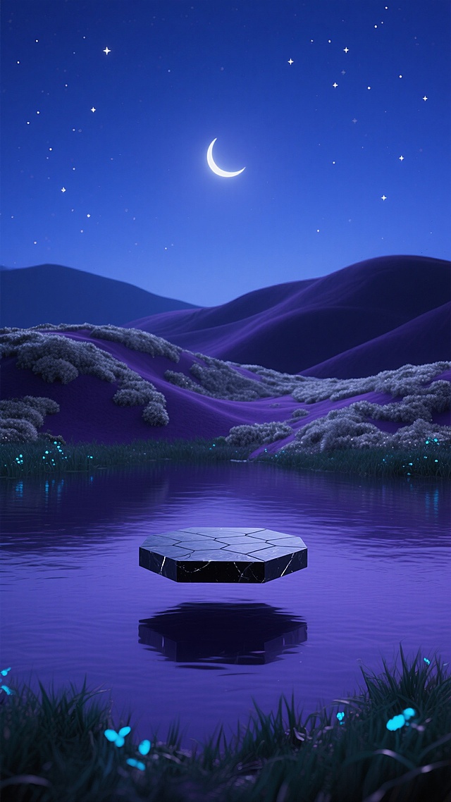 极简主义3D渲染风格，以深邃的靛蓝色夜空为背景，点缀着稀疏明亮的星星和一弯月牙，柔和的月光洒在起伏的深紫色丘陵上，丘陵上覆盖着泛着微光的银灰色苔藓，前景是一片平静的深紫色水域，水面上漂浮着一个悬浮的六边形黑曜石平台，平台表面有细腻的几何纹理，水域边缘生长着带有荧光蓝点缀的暗绿色水草，整体画面营造出宁静神秘的夜间氛围，光线柔和，阴影细腻，色彩以靛蓝、深紫、银灰为主色调，保持与原图一致的构图布局和空旷感。
