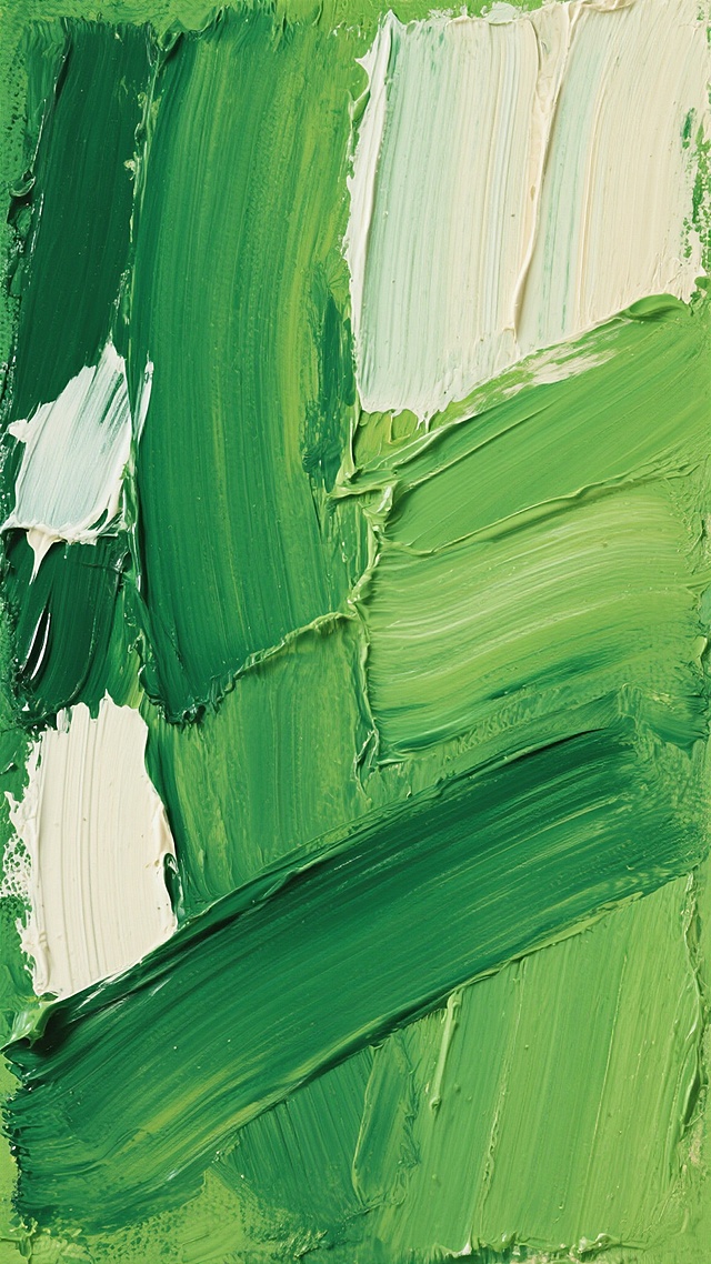 抽象艺术风格的绿色背景，以厚重的油画笔触质感呈现，主色调为深绿与淡绿的渐变融合，搭配局部米白色的不规则色块与条纹状纹理，光影柔和，笔触粗犷有力，具有明显的颜料堆叠感和肌理变化，整体营造出自然、随性且富有艺术张力的视觉效果，不同区域分布着形态各异的绿色纹路与画面层次。