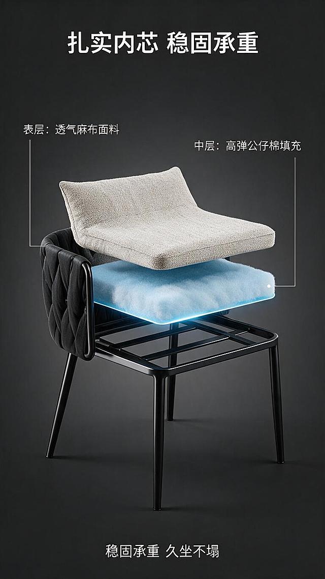[第4张] 详情页结构内芯-公仔棉填充+碳素钢框架分层解析页。本张使用【图1】左侧黑色款作为商品主体，展示内部结构分层。
[氛围/风格] 专业结构解析风，3D爆炸分层示意感，清晰严谨的商业视觉。
[元素布局] 椅子侧视角度置于画面中部，以半透明分层爆炸效果展示内部结构：最外层麻布面料层、中间公仔棉填充层、底部碳素钢框架层，三层分离悬浮示意；每层配引线标注；背景为深灰渐变背景，突出结构层次；椅子外观轮廓、尺寸比例、颜色与输入产品图一致。
[光影质感] 顶部柔光打亮产品，分层边缘有轮廓光，增强立体感和分层效果，金属框架有冷调高光。
[配色色系] 全局底色 #2C2C2C（深灰色）；主色米灰+黑色；辅助色白色引线标注、浅蓝色高亮填充层。
[视角构图] 侧视角度，居中构图，阅读动线从外到内逐层解读。
[文字版式] 顶部主标题「扎实内芯 稳固承重」，白色黑体居中；三层结构各配引线标签：「表层：透气麻布面料」「中层：高弹公仔棉填充」「底层：黑色碳素钢框架」；底部补充说明「稳固承重 久坐不塌」；文字清晰，不遮挡结构主体。
[比例分辨率] 9:16 竖版比例，1K分辨率，文字清晰可辨，高清画质。
[负向提示词] 椅子变形，结构错乱，分层不清晰，颜色偏差，水印，文字过小，产品图模糊。
