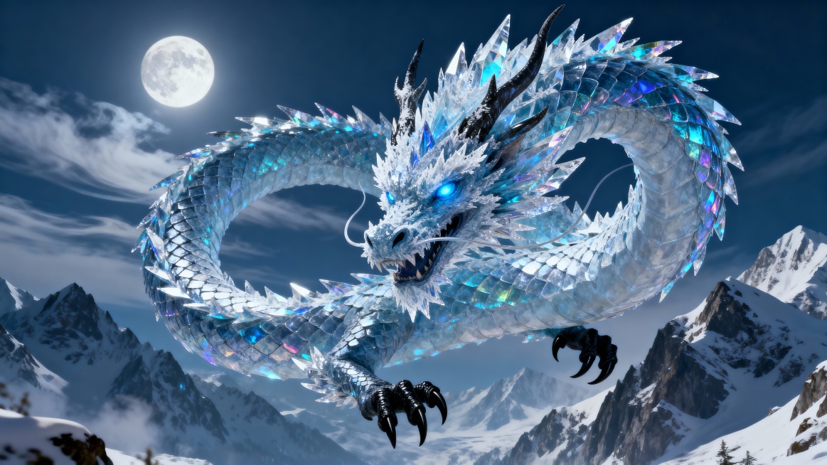 majestic ice dragon, crystalline ice scales with sharp jagged edges, iridescent blue and white hues,预览效果