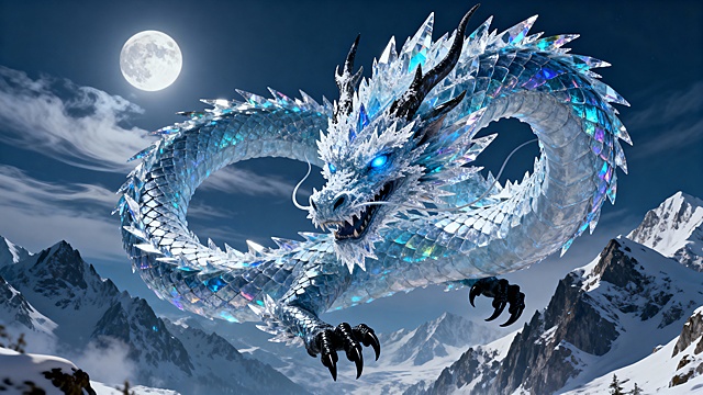 majestic ice dragon, crystalline ice scales with sharp jagged edges, iridescent blue and white hues, intricate frost-covered facial features, piercing glowing blue eyes, sharp black claws, coiled mid-air in a dynamic menacing arc, snow-capped mountain peaks under a moonlit night sky, wispy clouds, cinematic atmospheric perspective, ultra-realistic 3D rendering, cinematic dramatic lighting, high contrast, detailed textures, 8K resolution, photorealistic, --ar 16:9 --style raw --s 750 --v 6.0