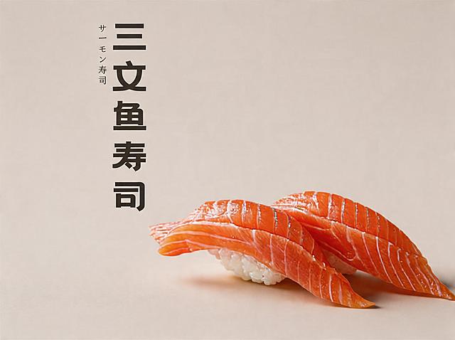 背景保持不变。优化成8K超高清商业美食摄影，寿司造型不变方向不变，三文鱼寿司造型精致，食材新鲜通透，三文鱼纹理清晰色泽橙红脂肪纹理自然，米饭紧实饱满。整体为极简高级风格，顶侧45°柔和自然光，细腻柔和的阴影，食材有通透光泽感，商业级精修，超写实细节，电影级质感。柔和自然光，阴影细腻，专业美食摄影，佳能R5+100mm微距镜头，f/8光圈，锐度拉满，色彩自然高级，无噪点，无畸变，不要改变寿司原本造型和方向。保留原有文字"三文鱼寿司"，保持文字位置和样式不变。