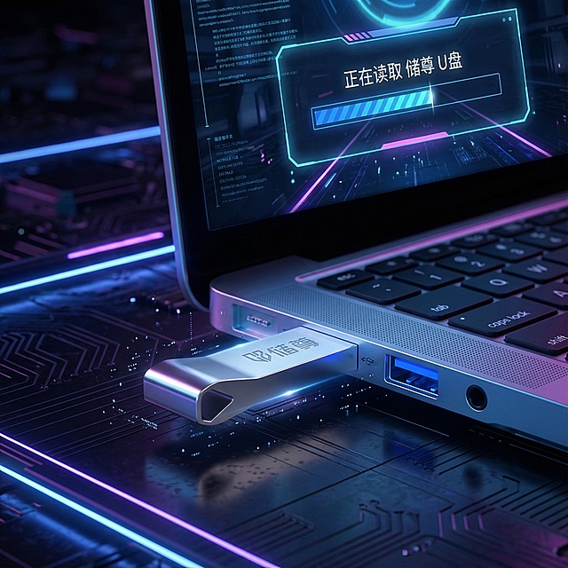 制作这个U盘的电商主图，把它放插入电脑U盘插口，电脑显示屏显示正在读取它，带有科技感的暗色调环境