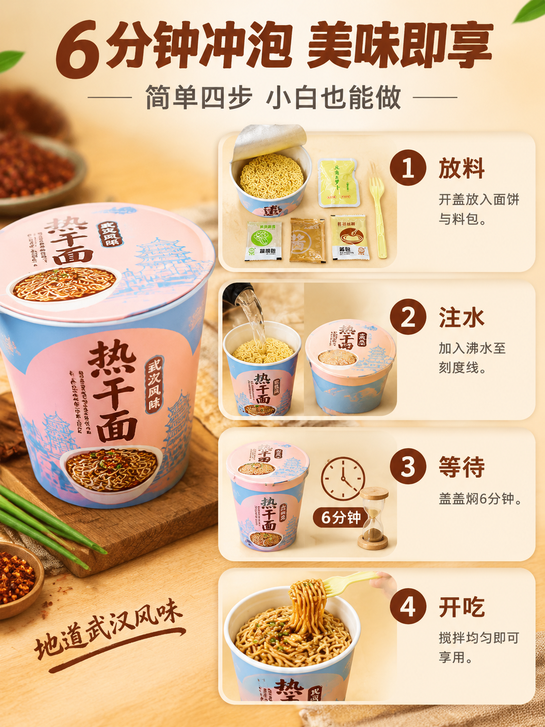 [商品] 使用【图1】桶装热干面及料包；保留桶装外观、蓝粉配色… - 图片创意预览