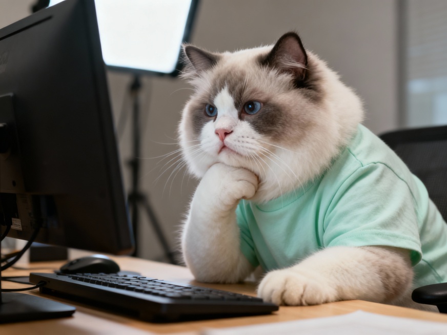 一只圆脸布偶猫，穿着淡淡的浅绿色短袖，托着下巴正专注地看着电脑屏幕，脸上带着焦虑的表情，仿佛在打工，场景逼真，照片质感预览效果