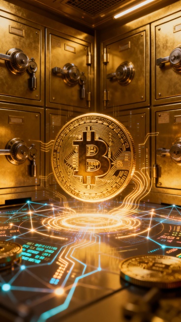 A 6:19 aspect ratio video capturing a gleaming Bitcoin coin hovering above a vault lined with antiqu预览效果