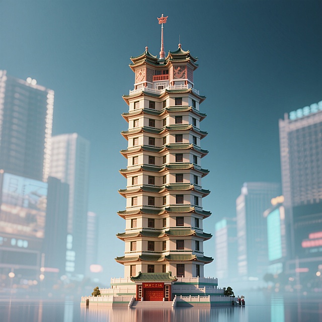 中式古典塔楼，3D极繁设计，虚拟现实呈现，细节丰富，彰显传统文化魅力。