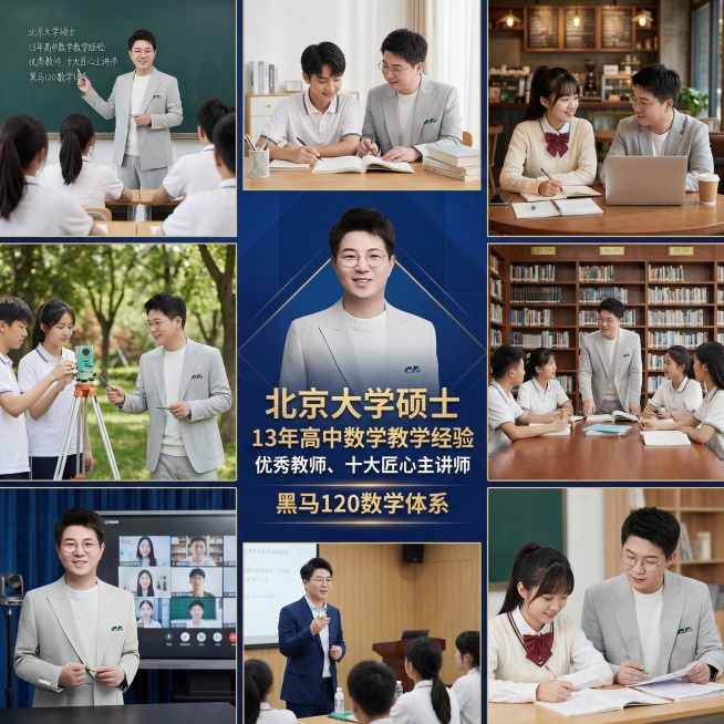 帮我生成关于高中数学的九宫格图片，要有老师和学生，老师的脸帮我设计成这张图片的，学生是中国人，添加文案：北京大学硕士  13年高中数学教学经验  优秀教师、十大匠心主讲师  黑马120数学体系 ，文案预览效果