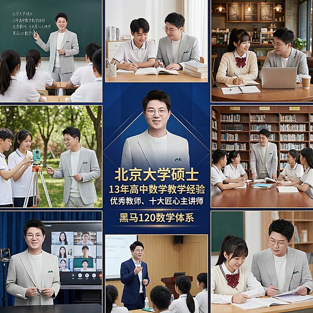 帮我生成关于高中数学的九宫格图片，要有老师和学生，老师的脸帮我设计成这张图片的，学生是中国人，添加文案：北京大学硕士  13年高中数学教学经验  优秀教师、十大匠心主讲师  黑马120数学体系 ，文案融入到中间的图片，中间的图只需要老师和文案（需要设计的好看一点）场景可以丰富一些比如：教师、家里、咖啡厅等