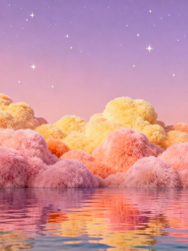 梦幻渐变色彩的毛绒质感天空，整体简约风格，柔和的粉紫色与橙黄色云朵如同蓬松的绒毛般铺满画面，底部是平静的海面倒映着天空的色彩，星星点缀其间，营造出宁静而温暖的氛围，色彩过渡自然柔和，构图简洁大方。
