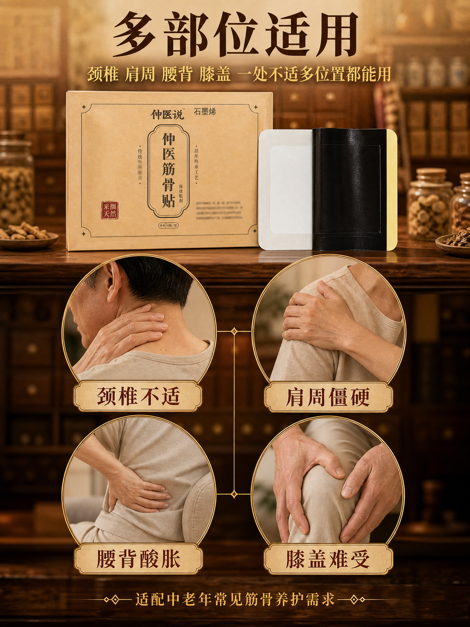 [主图-2] 核心亮点图，主题为多部位适用，展示筋骨贴可贴颈椎… - 图片创意预览