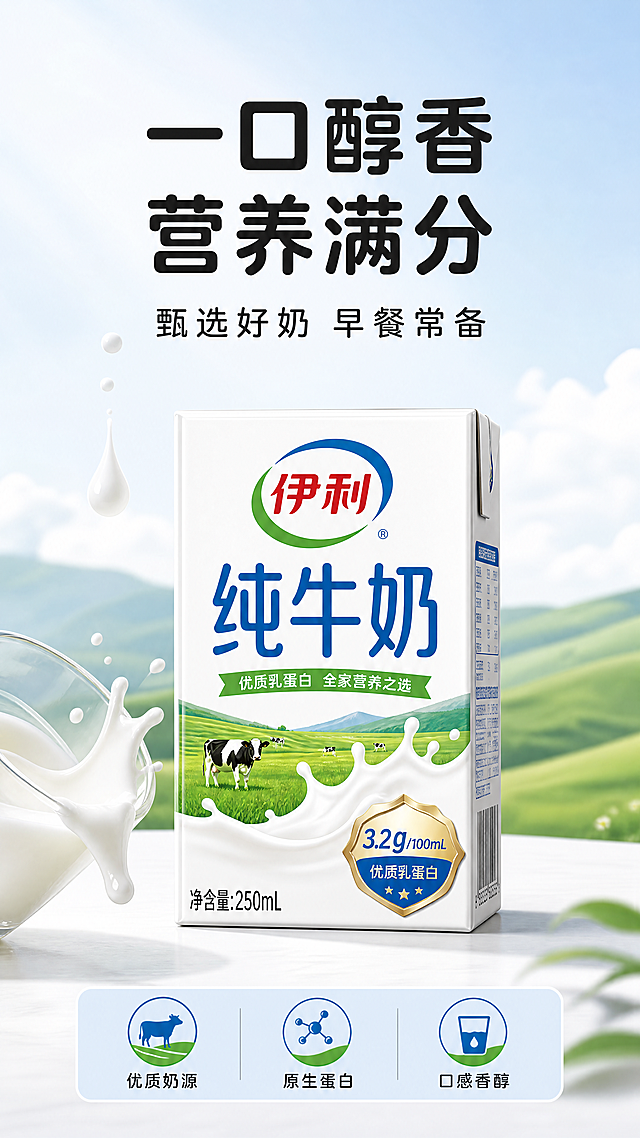 [第1屏] 详情页头图-伊利纯牛奶新品宣传海报。
[氛围/风格] 清新自然食欲风，浅蓝草原背景，蓝白配色，商业摄影质感，画面干净通透。
[元素布局] 经典伊利纯牛奶包装盒放在画面中下区域，占据画面65%-70%主体。保持经典白色包装、蓝色伊利logo、绿色草原元素的物理结构、包装设计、颜色特征一致。背景上方为渐变浅蓝，点缀淡绿色草原云纹，底部为纯白色干净台面，前景加入半杯倾倒出的奶液和新鲜牛奶滴落特写，增加食欲感。整体无边框满铺，层次分明。
[光影质感] 左上方柔和主光照亮包装和牛奶，右下方形成自然柔和投影，包装logo文字清晰，牛奶呈现通透乳白质感，整体明亮通透，产品边缘清晰真实。
[配色色系] 全局底色：#F8FCFF（浅蓝白渐变）；主体配色：#FFFFFF（包装白）+ #1967D2（品牌蓝）+ #34A853（草原绿）；辅助色：#E8F0FE（浅蓝背景）+ #202124（文字黑）。
[视角构图] 正面平视，主包装盒位于中下区域，包装盒整体完整展示，上方区域完整留给标题，底部用浅蓝信息条承接卖点，背景干净有设计感。
[文字版式] 上半部分版式为上方标题+中下部产品主体+底部信息条。主标题「一口醇香 营养满分」两行黑字，居中对齐，字号为画面宽度7%-9%，不超过顶部区域高度20%，标题下方留白；主标题下方放副标题「甄选好奶 早餐常备」，黑色圆角无衬线字体，字距适中，字号约主标题35%。底部左侧三个卖点图标加文字：「优质奶源」「原生蛋白」「口感香醇」，文字不遮挡主体。标题字体采用圆角黑体，字色为深灰黑色，纯色填充，全套沿用此字形、字色和字效。
[比例分辨率] 9:16竖版比例，1080×1920，4K分辨率，文字清晰可辨，超高清。
[负向提示词] 包装变形，logo文字错乱，颜色偏差，水印，文字错乱，产品图模糊，背景杂乱，极限词，虚假宣传