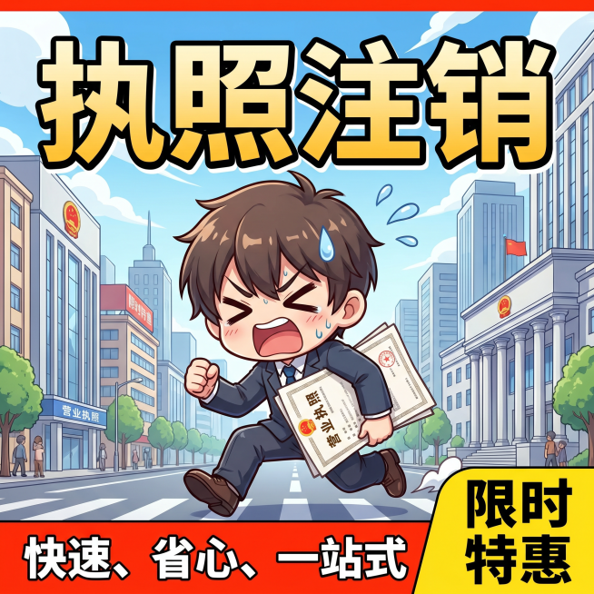 动漫风格电商主图，1:1比例，画面中有一个小人拿着营业执照着急赶路，主图上方添加标题文字"执照注销"预览效果