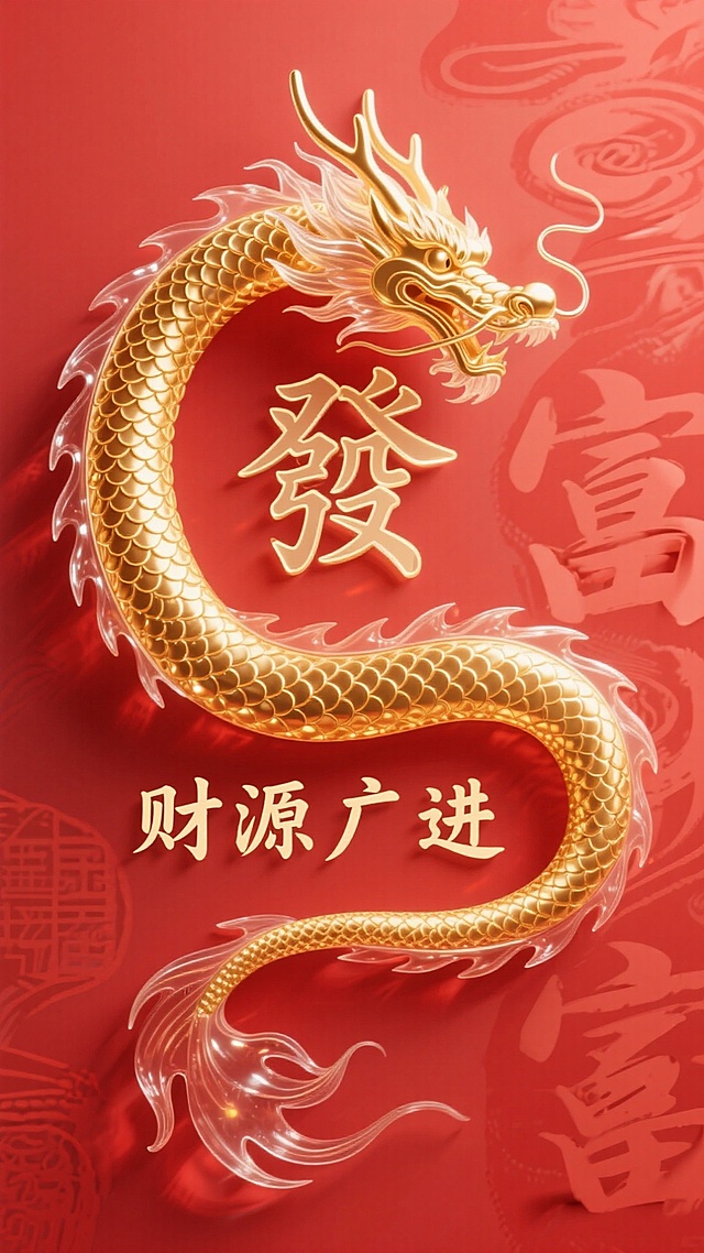 鎏金龙身环绕“发”字，3D重拟物风格呈现浮雕质感，红底金纹尽显中式奢华，喜庆祥瑞，寓意财源广进，春节氛围浓厚。