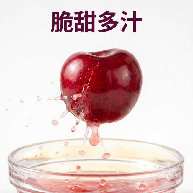 [主图 4] 大连美早樱桃爆汁展示图。
[氛围风格] 动态瞬间，强食欲冲击，简洁品质；
[画质] 商业摄影质感、光线柔和通透、产品清晰真实、画面干净高级，文字占比<30%。
[元素] 一颗完整的大连美预览效果