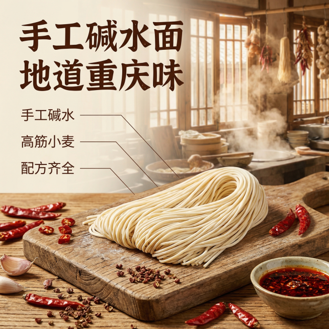 [主图 2 核心卖点与原料] 麦盏重庆小面原料展示主图，川味烟火风格，一捆新鲜碱水鲜面平铺在原木案板上，周围散落着干辣椒、花椒、大蒜这些重庆小面核心调料，展示地道风味配方。背景是传统面馆操作间，木质窗预览效果