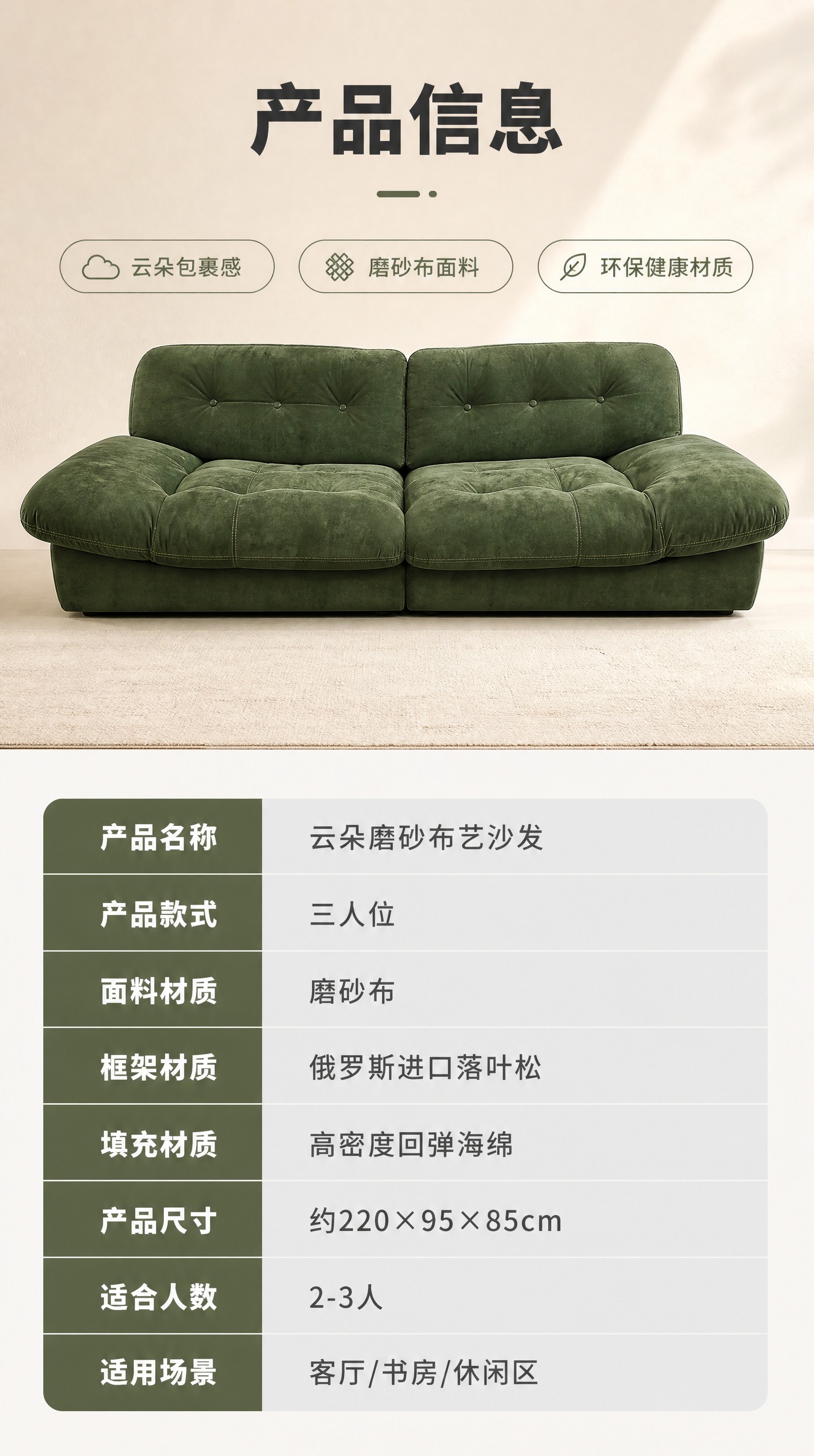 [商品] 使用【图1】墨绿色磨砂布艺三人位云朵沙发；保留整体造… - 图片创意预览