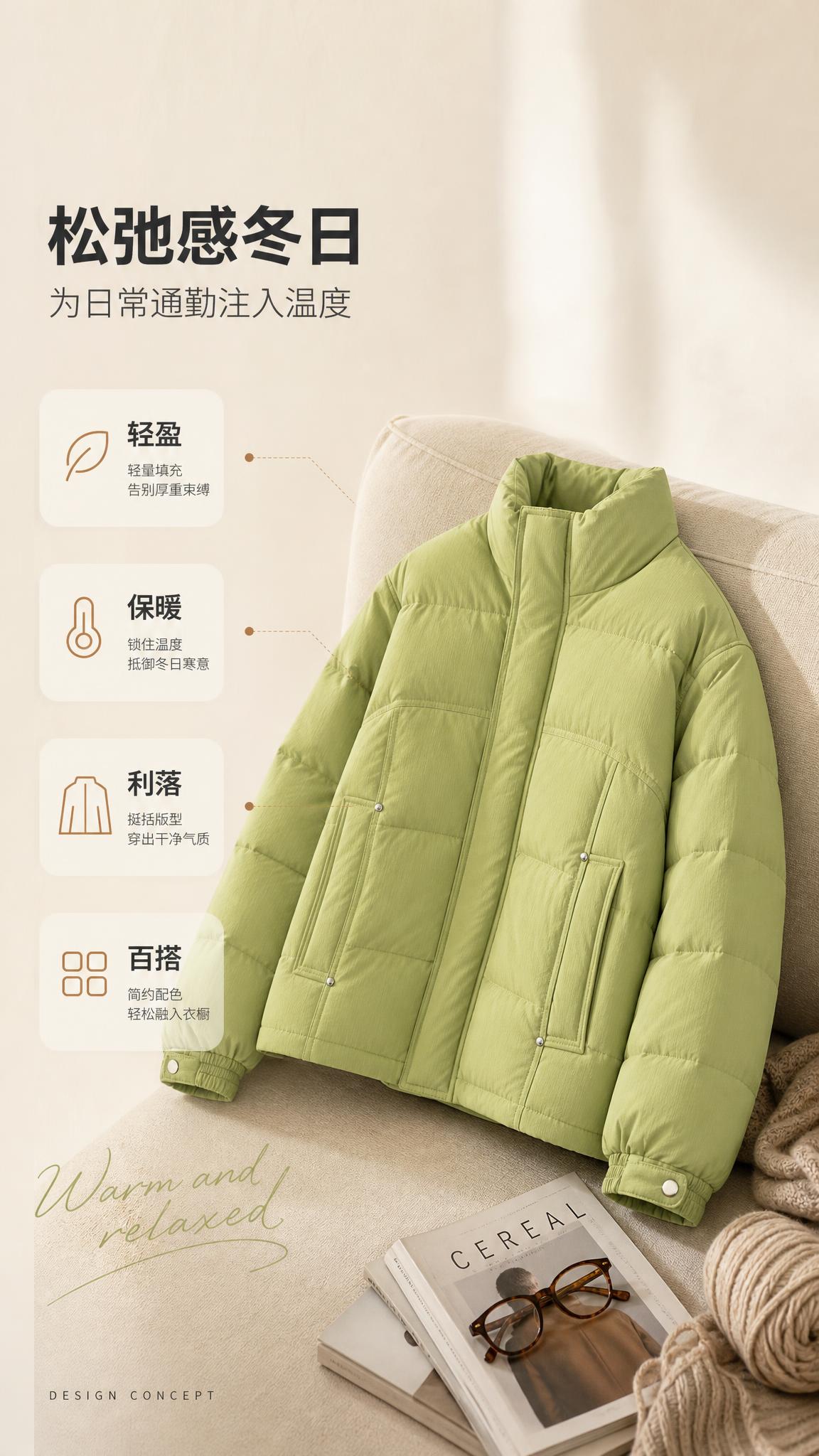[商品] 使用【图1】青柠绿立领短款羽绒服；商品处理：保留立领… - 图片创意预览